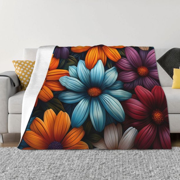 Balery Colorful Blooming Flowers Manta de Franela con Dibujo, Lujo Ultra Suave y Cálido, Antipelusa y Resistente a las Arrugas para Cama, Sofá, Camping -60"x50"