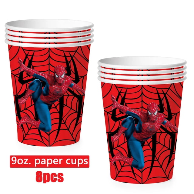 decoraciones para fiesta de cumpleaños de spiderman, vajilla desechable de superhéroe, plato y vaso de papel, servilleta, mantel, pancarta para chico, baby shower: vaso de papel rojo 8 piezas con figura frontal de Spiderman en salto sobre fondo de telaraña negra, paquete al por mayor ideal para vajilla desechable y decoración de fiesta infantil; también suele usarse para mesas de baby shower y celebraciones pequeñas.