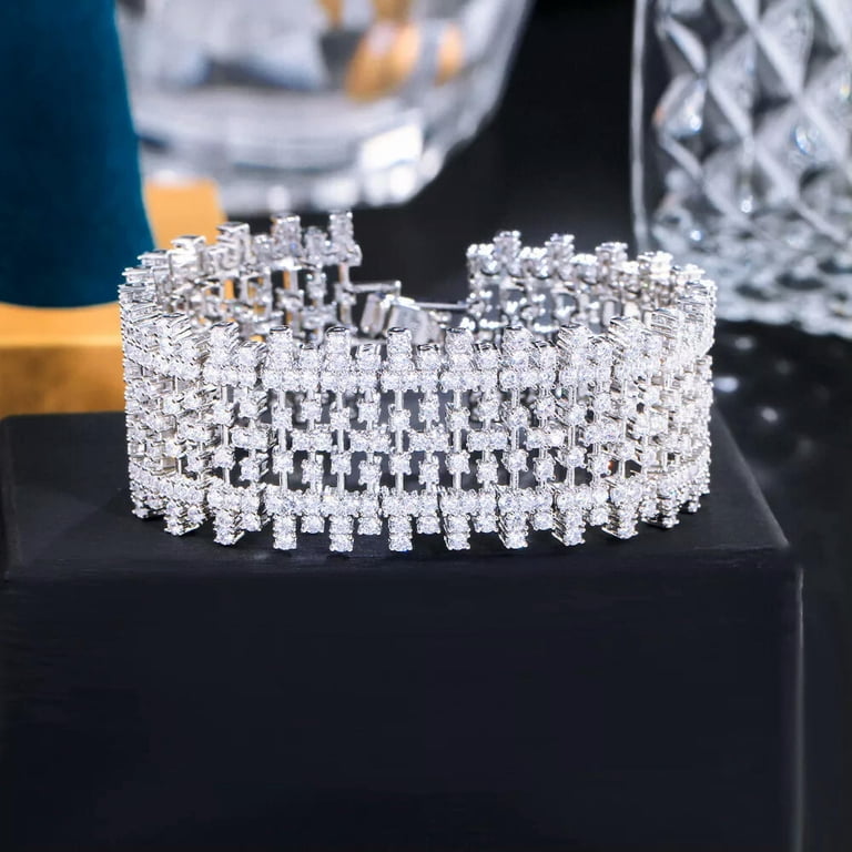 Cubic Zirconia Tennis Bracelet - Single Layer Crystal Rhinestone Silver Plated Elastic Bracelet For Women