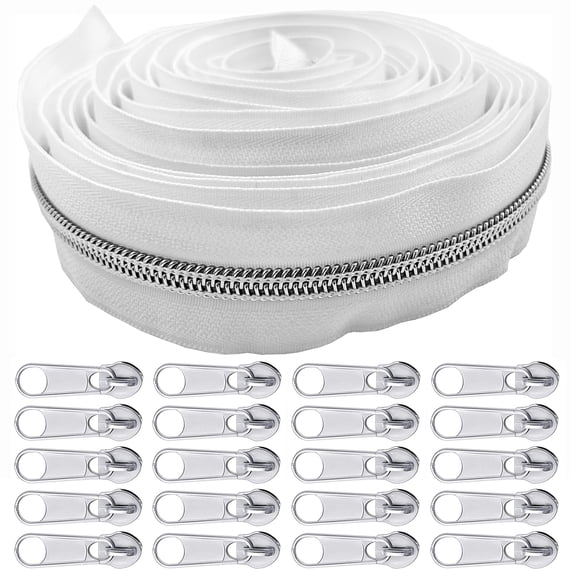 Goyunwell #5 White Zippers Tape 10 Yards Nylon Coil Long Tape by The Yard 20 pcs Silver Zipper Pulls for Sewing Purses Bags Craft
