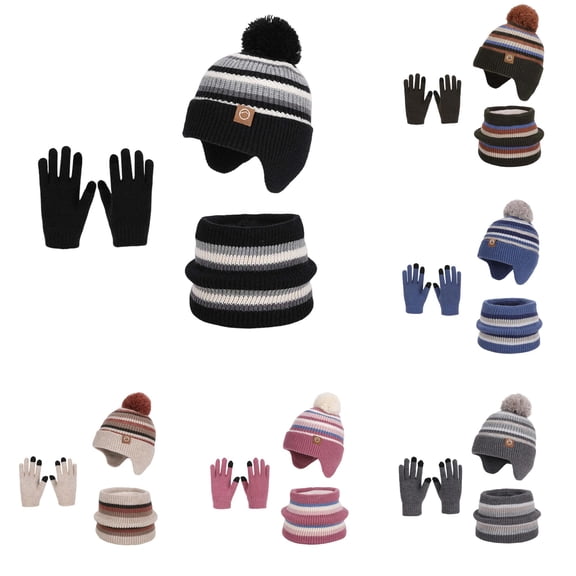Xijirk Kids Boys Girls Striped Knit Earflap Hat Paired with Neck Warmer and Touchscreen Gloves for Winter Wear