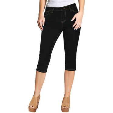 2Luver, Women's, Stretchy 5 Pocket Skinny Dark Indigo Mid Rise Capri Ripped Denim Jeans, Black, 9