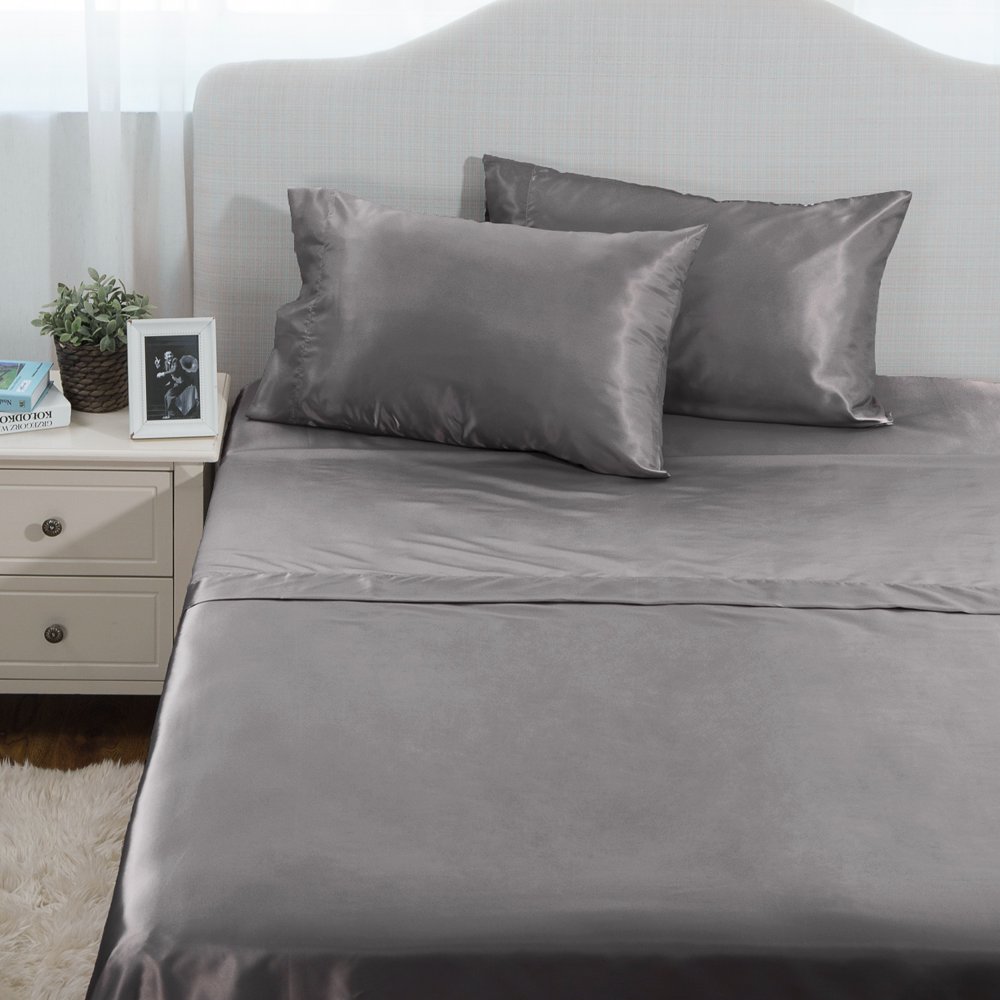 Bedsure 4 Piece Bed Sheet Set Dark Gray Deep Pocket Wrinkle Free Satin