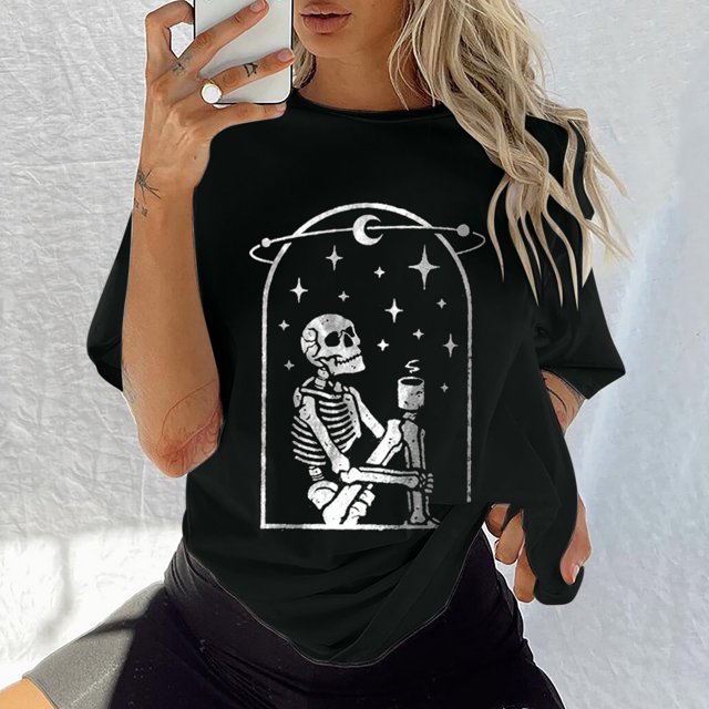 Pntutb Mujer Damas Mangas con hombros caídos Camiseta de manga corta suelta con estampado de calavera retro desgastado Pntutb Pntutb-4392