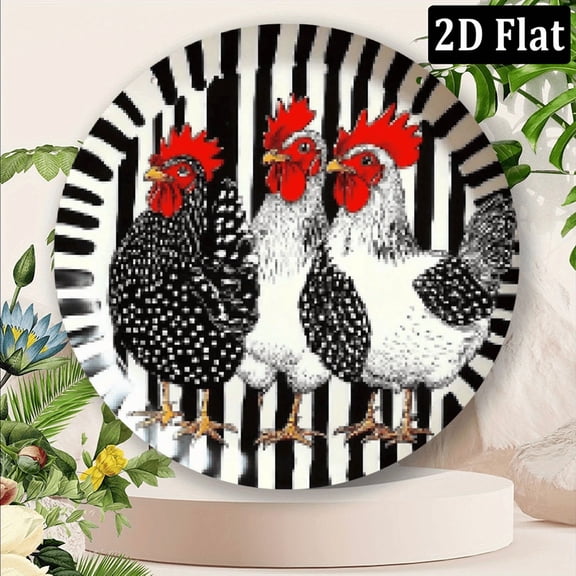 2D Flat Aluminum Wall Art - Vibrant Chickens Black White Stripes, Colorful Roosters Design, Classic Style, Easy to Hang, Perfect for Home or Office Decor, Office Decoration Vibrant Wall Art