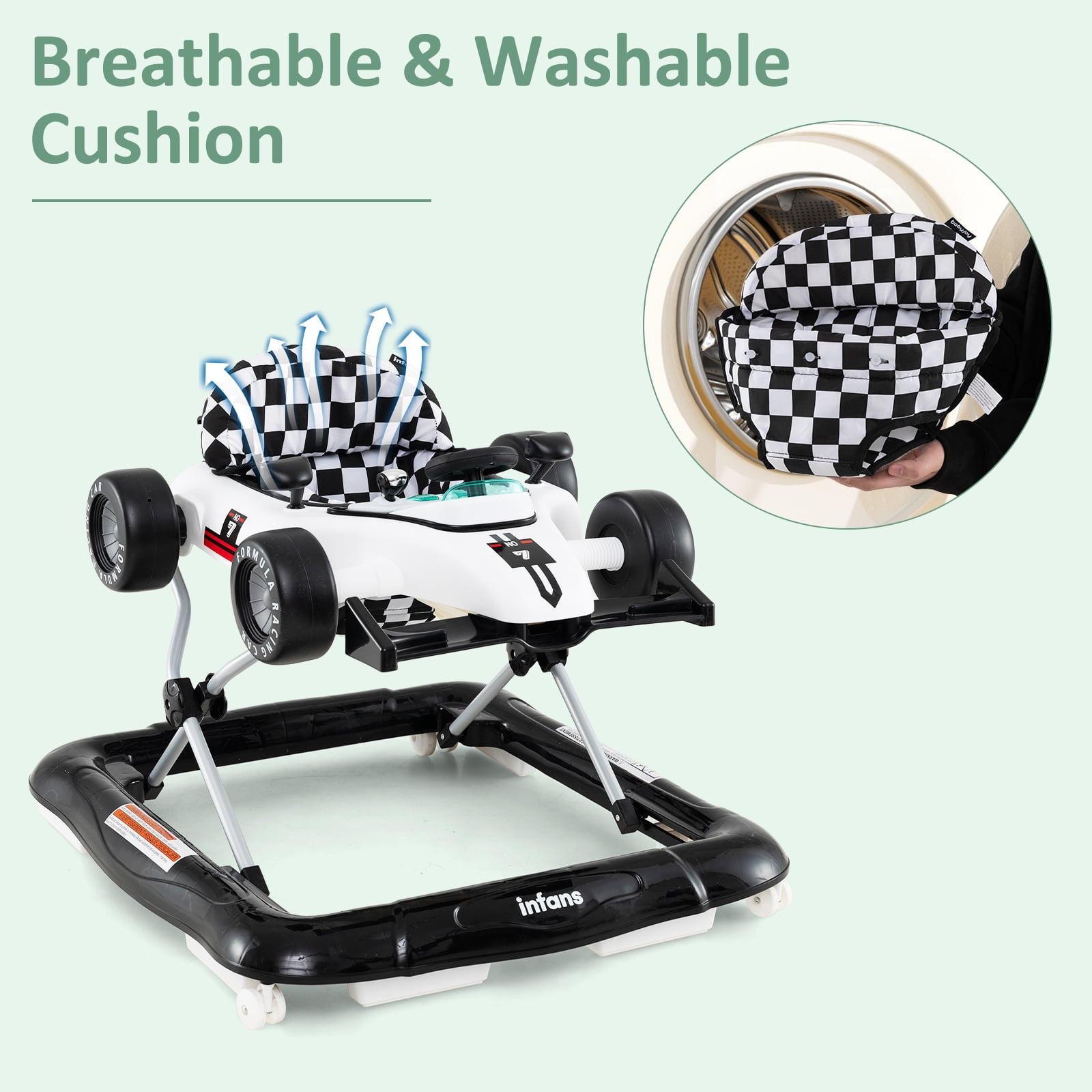 INFANS 4 in 1 Baby Walker, Foldable Toddler Activity Center with Adjustable Height, Padded Seat, Music, Light, Removable Toy Tray, Push Walker for Girls Boys Aged 6-18 Months