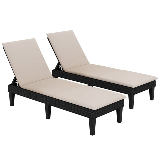 Gymax Lot de 2 Chaises Longues de Patio Fauteuil Inclinable avec Dossier Réglable à 3 Positions et Coussin Noir et Blanc