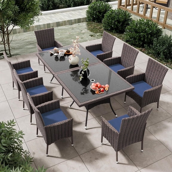 ASJMR 10 Pieces Dining Set Outdoor Indoor with PE Rattan Wicker Umbrella Hole Patio Dining Table and Armrest Chairs,Navy