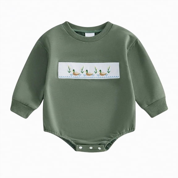 mgoYE Baby Boy Hunting Outfit Duck Embroidery Baby Romper Long Sleeve Crew Neck Bodysuit Newborn Infant Spring Fall Clothes(Green,0-3 Months)