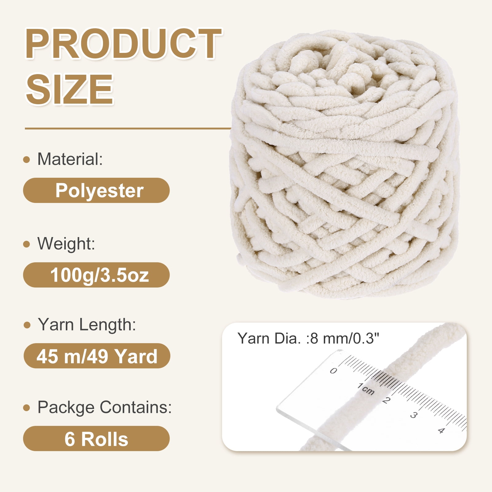 Uxcell 6 Pcs Blanket Yarn, 49 Yards Fluffy Velvet Plush Bulky Thick Chenille Chunky Yarn for Soft Velvet Blanket Shawl Scarf Crochet Hand Knitted Crafts, Beige