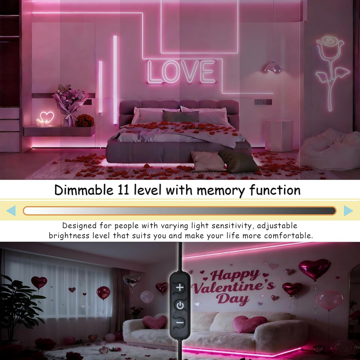 20 Ft Pink Led Lights Strip Rope Lights with Dimmer Control forIndoor Decor Cuttable Strip Lights for Baby Room Bedroom Living Room Kitchen