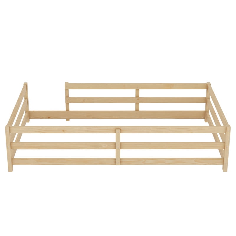 Mirightone Wood Twin Montessori Bed, Twin Bed Frame with Rails, Kids Floor Bed Twin – Natural