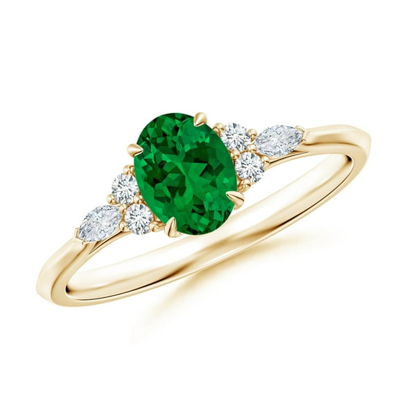 ANGARA Lab Grown Oval Emerald Side Stone Engagement Ring with Diamonds for Women in 14K Yellow Gold (Size-7x5mm) | May Birthstone, Anniversary, Jewelry Gift for Women | Lab-Grown Emerald Ring