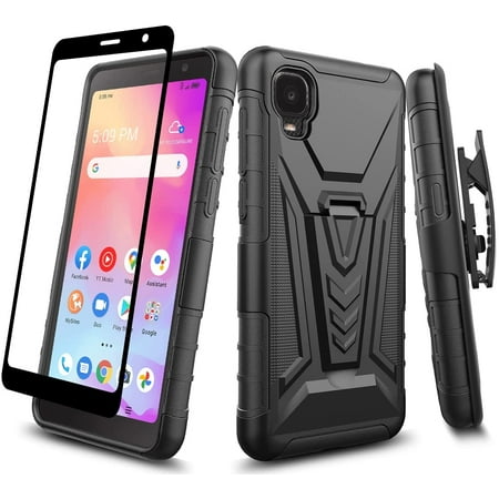 Alcatel TCL A3 A509DL Belt Clip Holster Kickstand Shock Proof Phone Case with Tempered Glass Screen Protector - Black