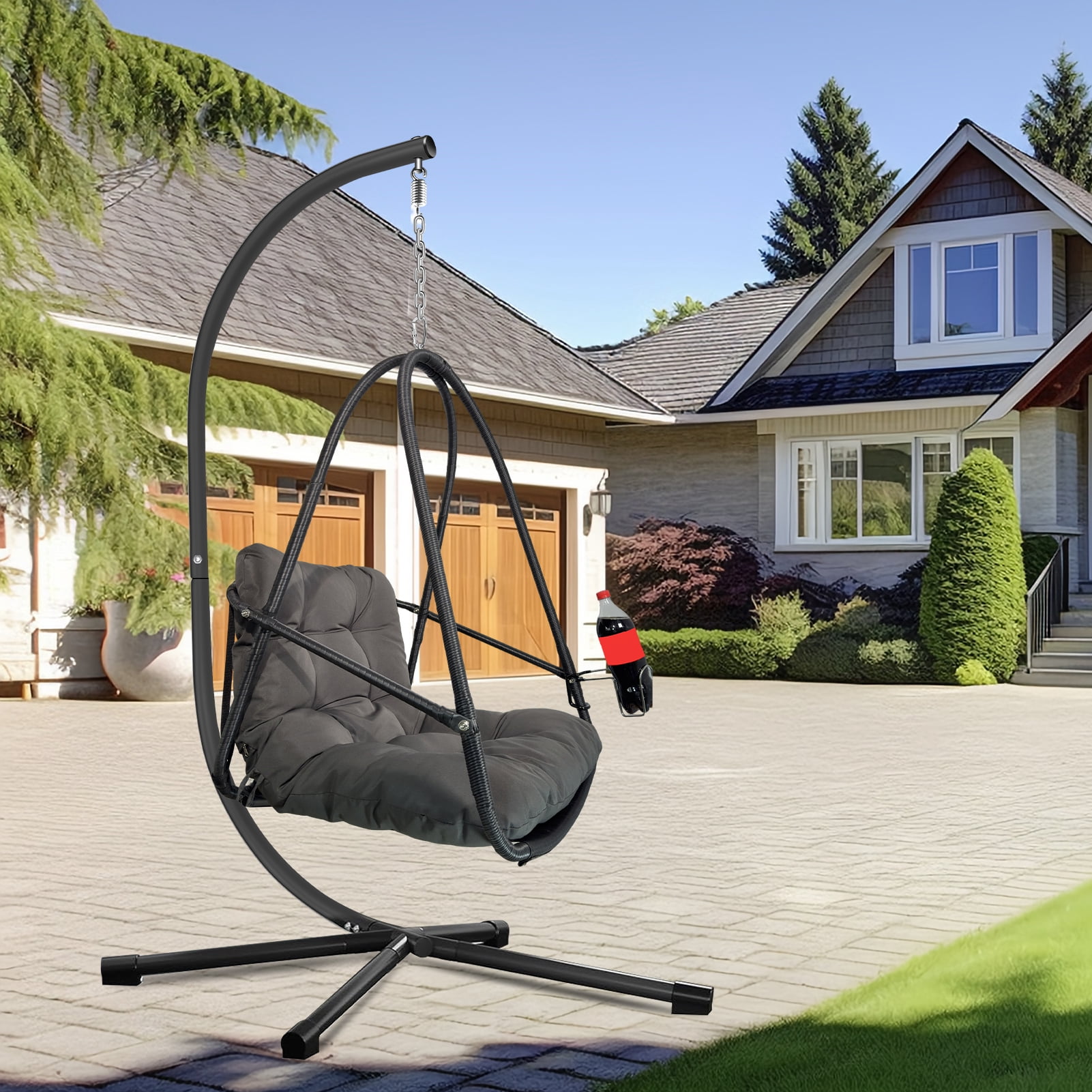 Miniyam Outdoor Hanging Egg Chair with Stand, Foldable Swing Chair with Cup Holder, Rattan Wicker Patio Chair with Cushions for Adults and Kids, Black