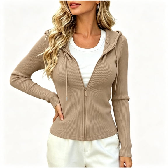 CBASIHI Womens Slim Fit Zip Up Sweaters- Long Sleeve Ribbed Knit Fall Stretchy Hooded Casual Trendy Lightweight Cardigans Khaki Size S-2XL