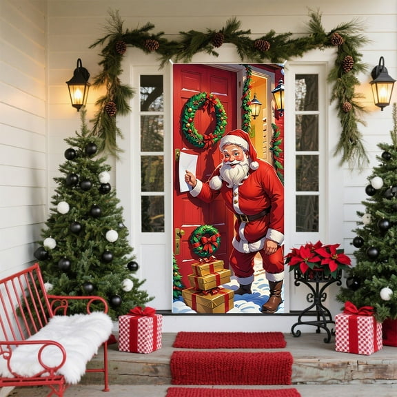 Christmas Door Decoration Cover, Easy Hang Polyester Fabric for Indoor Outdoor Holiday Party Front Door Decor(A)