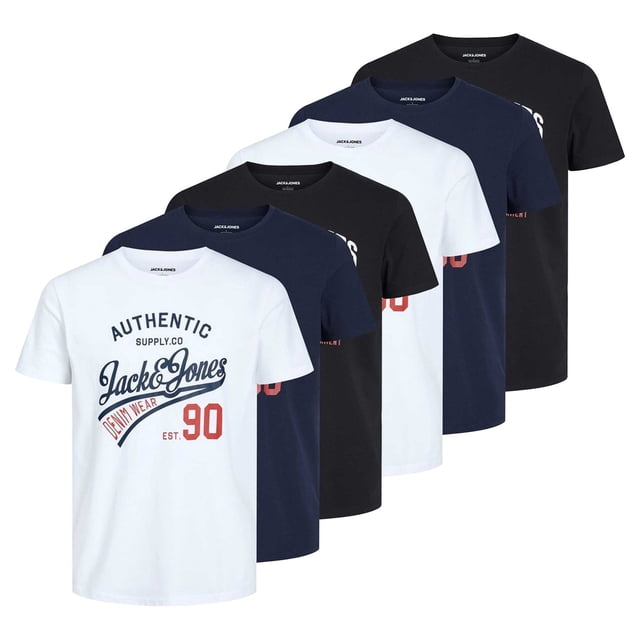 JACK&JONES Camiseta para Hombre, Pack de 6 - JJETHAN TEE CREW NECK, logo vintage, algodón Blanco/Azul marino/Negro S (Small)