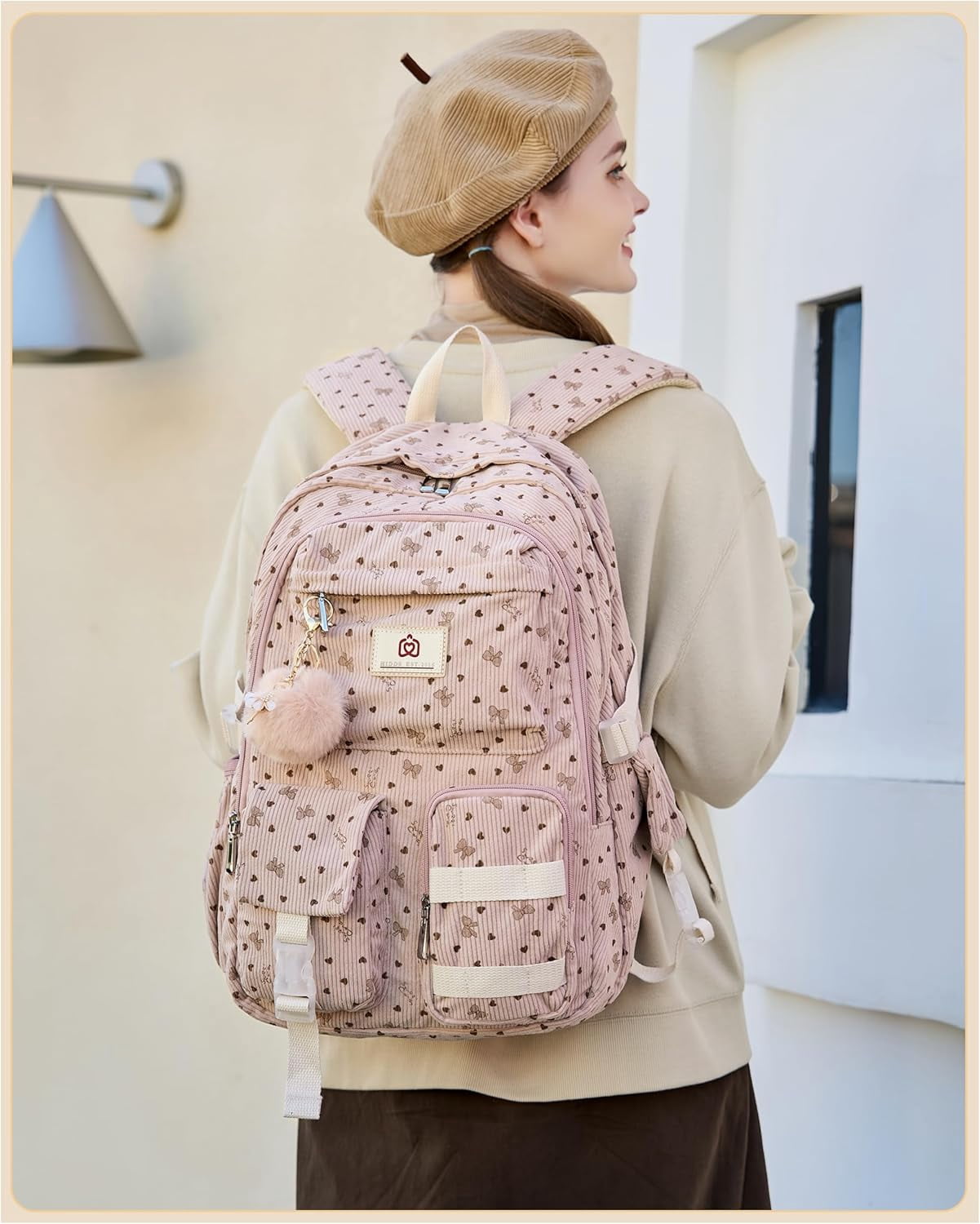 AO ALI VICTORY School Backpack for Teens Girls Women 15.6 Inch Laptop College Backpacks Corduroy Work Bag  Middle High Campus Bookbag Students Pack Travel Daypack Womens（Pink Bowknot）