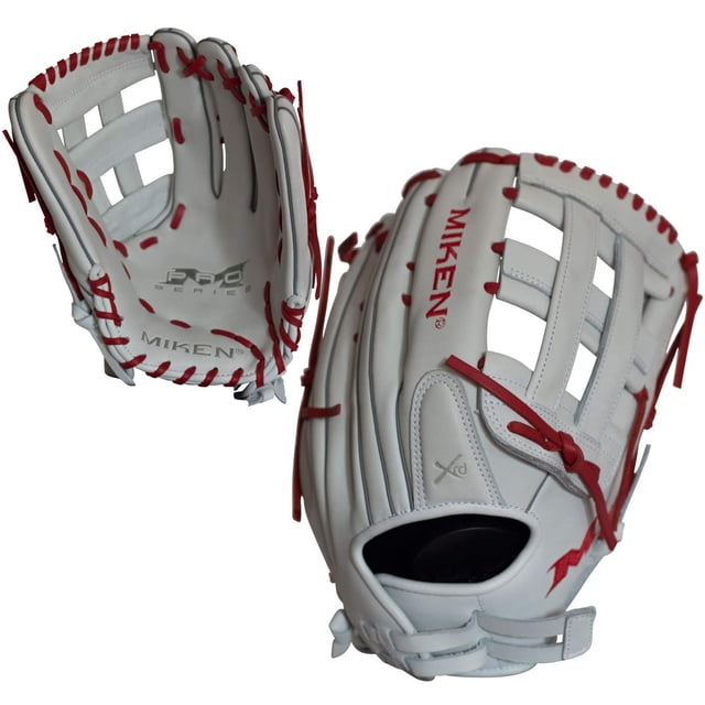 Miken Pro Series Guante de softbol de lanzamiento lento, 13,5 pulgadas, cordones blancos/rojos, lanzamiento a la derecha