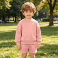thumbnail image 5 of Kids Boys Girls 2 Piece Fleece Outfit Set 12 18 24 Months 2T 3T 4T 5T 6T Solid Color Long Sleeve Crewneck Sweatshirt & Elastic Waist Shorts Warm Lined Casual Tracksuit Pink Size 5-6 Years, 5 of 8