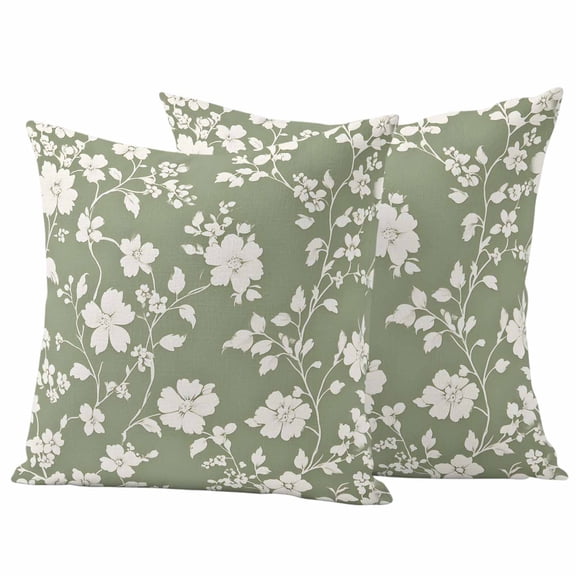 White Spring Floral Outdoor Waterproof Pillow Covers, Summer Flowers Sage Green Pastoral Decorative Square Throw Pillowcase Sofa Cushion Sham for Patio/Couch/Chair, 18"x18" 2 Pack