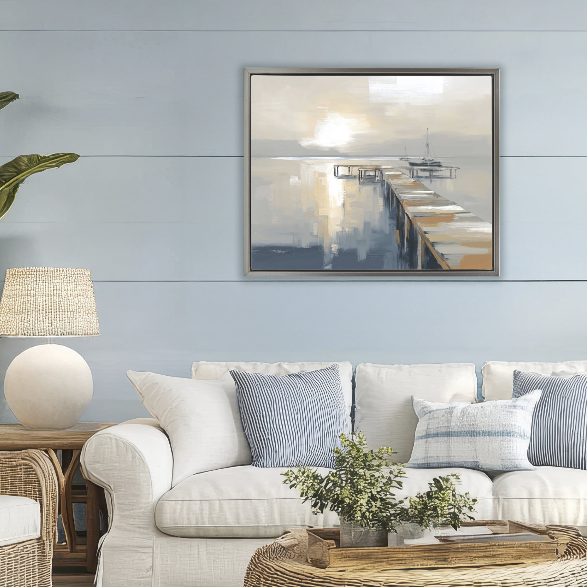 Stupell Industries Pier with Sailboat Seascape Gray Framed Floater Canvas Wall Art, design by Kim Curinga