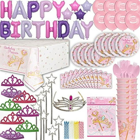 Princess Birthday Party for 8. 100+ Items: Plates, Cups, Cutlery, Napkins, Tablecloth, Foil Balloon Birthday Banner, Princess Balloons, Tiaras, Wands, Royal Tiara for Bday Girl, Bags, Candles, Tattoos