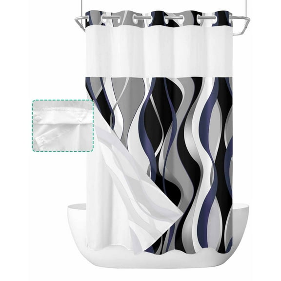No Hook Shower Curtain with Snap in Liner, Gradient Gray Navy Blue Abstract Geometric Lines Hotel Shower Curtains for Bathroom, Washable Shower Curtain Liner Set with Mesh Top Window, 36"x78"