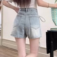thumbnail image 3 of Women High Waist A-line Denim Shorts Irregular Fake Two Pieces Short Pants (Light Blue XL), 3 of 5