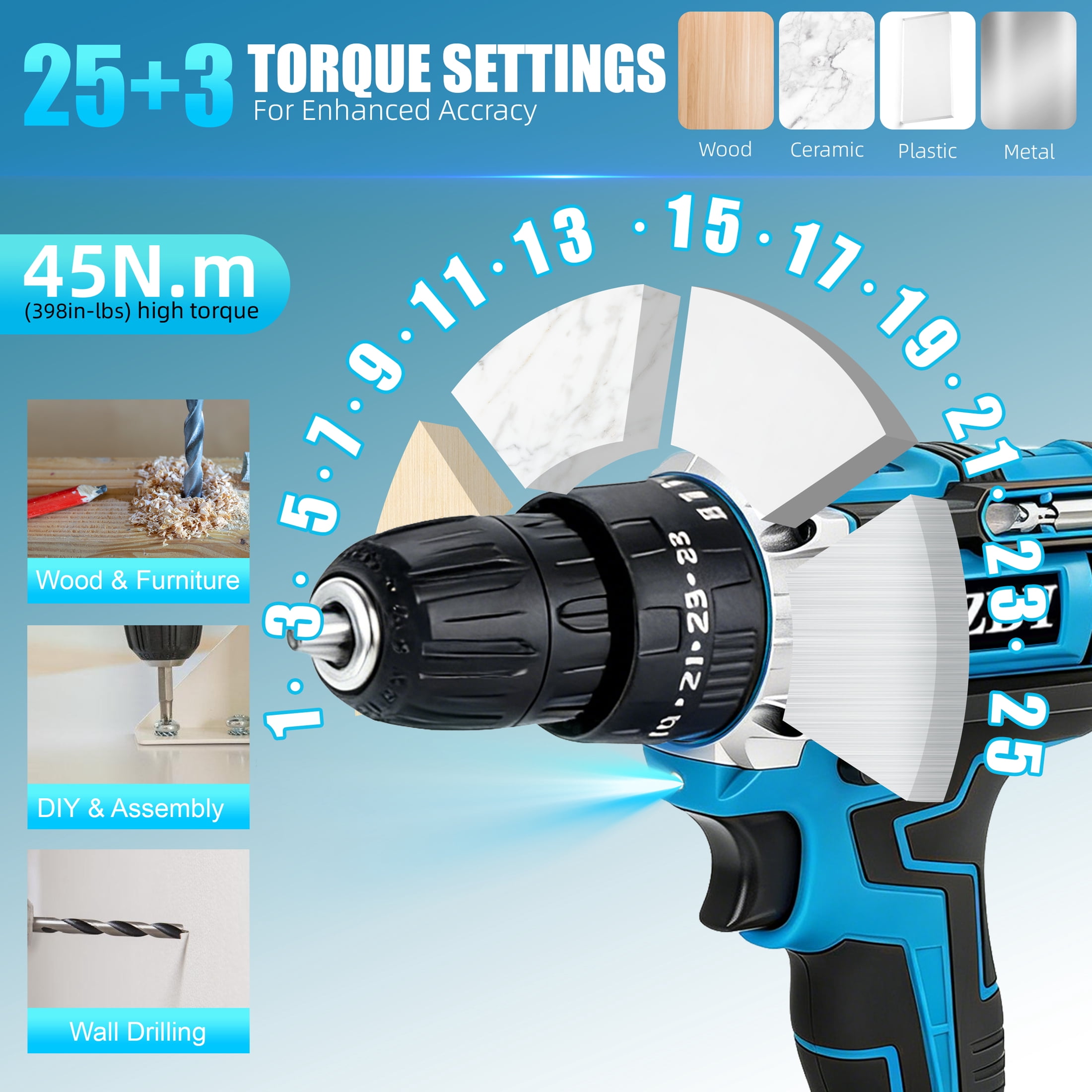 EZBY 21V Cordless Drill Set,Electric Power Drill Driver with 2 Batteries and Screw Kit,3/8" Keyless Chuck,2 Variable Speed, for Home Repair & DIY