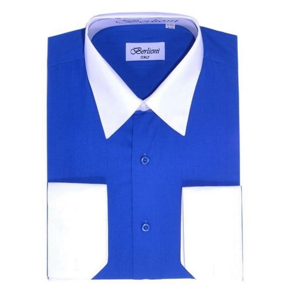 Berlioni Men's Two-Tone French Convertible Cuff Button Up Dress Shirt Royal Blue Medium 32/33