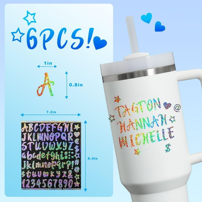 Trianu 6 Sheets Vinyl Letter Stickers for Cups, Waterproof Alphabet Name Stickers Glitter to Persoanlize Your Cups, Holographic