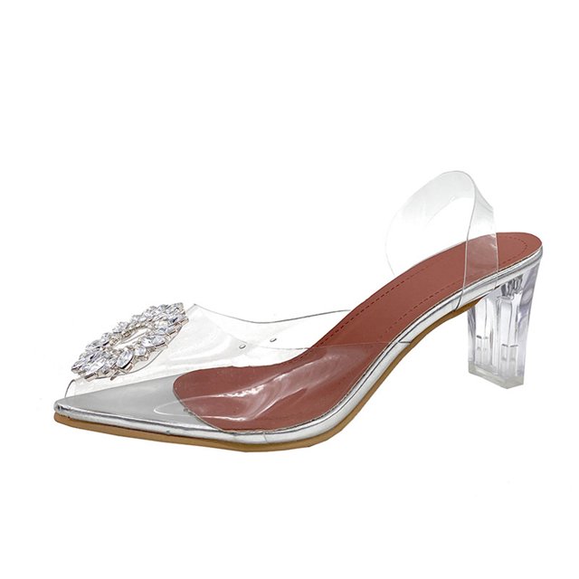 yulier Womens Sandals Rhinestone Clear Pointed Toe Ankle Strap Low Block Chunky Heels Sandals Party Dress Pumps Shoes Slip On Slingback Heeled Sandals