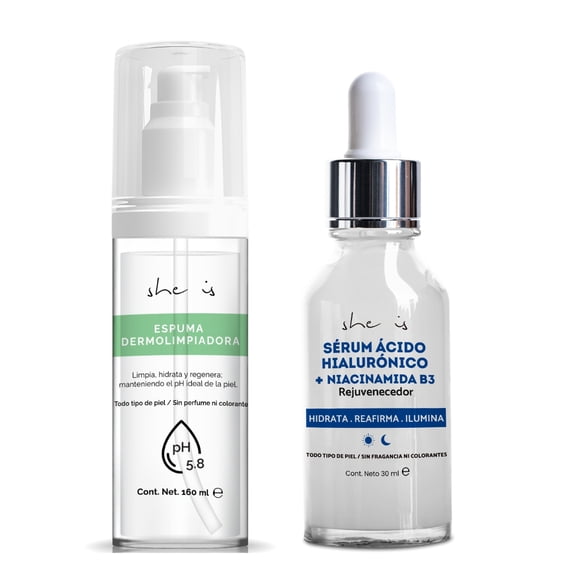 Set Facial Rejuvenecedor SHE IS SKINCARE 2 Productos Espuma Dermolimpiadora y Sérum Doble Ácido Hialurónico