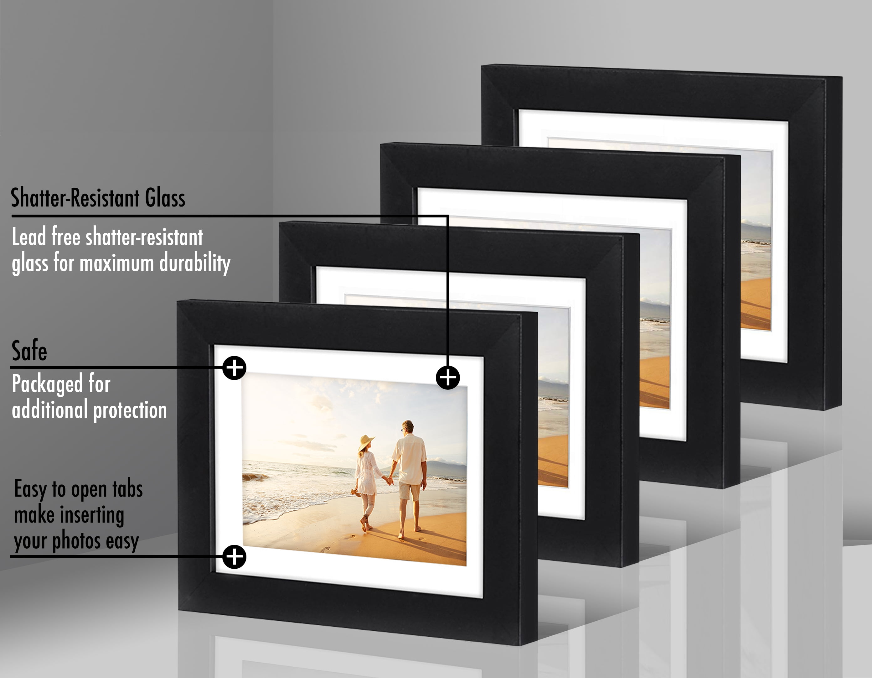 Americanflat 5x7 Picture Frame in Black Set of 4 - Displays 4x6 With Mat and 5x7 Without Mat - Composite Wood with Shatter Resistant Glass - Horizontal and Vertical Formats for Wall and Tabletop