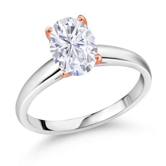 Gem Stone King 925 Silver and 10K Rose Gold Ring Solitaire Ring Set with Near Colorless Oval 2.10cttw Moissanite (Size 7)