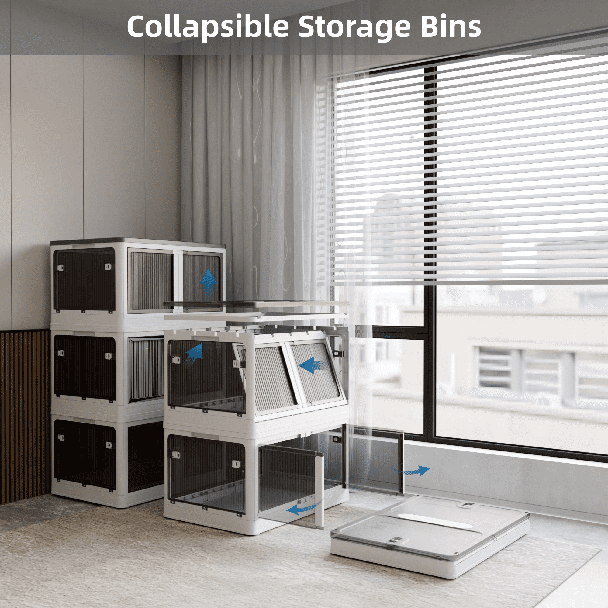 384QT 3-Pack Transparent Stackable Storage Bins with 5 Doors to Open with Wheels, Folding Plastic Craft Containers Large Closet Organizers Box for Bedrooms Living Rooms Study Kids' Toys, White