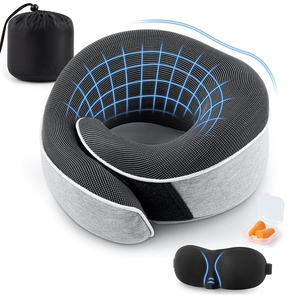 MOONORAH Neck Pillows for Airplanes,100% Pure Memory Foam Travel Neck Pillow,360° Head Support with 3D Contoured Eye Masks, Earplugs, and Luxury Bag,Grey