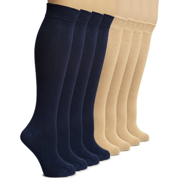 Hugh Ugoli Women's Rayon Derived from Bamboo Knee High Socks | Comfort Seam Long Dress Socks, Soft & Lightweight | 8 Pairs, Navy Blue/Beige, Shoe Size: 5-8