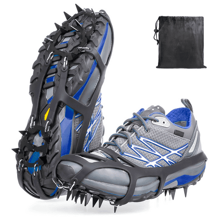 JBM Crampons Ice Snow Grips Anti-slip Ice Cleats Walk Traction Cleats with 18 Manganese steel Spikes Safe Protect for Hiking Fishing Walking Climbing Jogging ( Black (Best Ice Cleats For Walking)