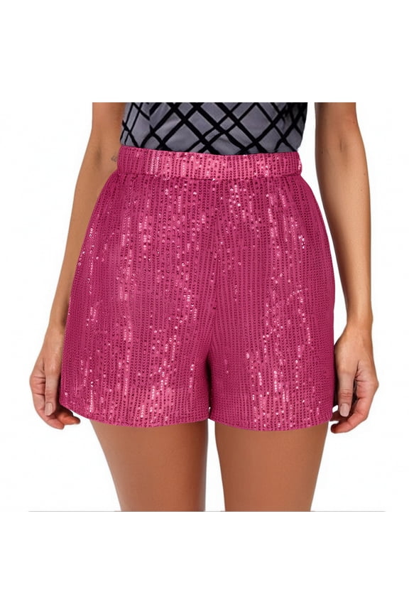 Women's Sequin Elastic Waist Shorts ,Fashion Elegant Casual Summer Shorts Hot Pink,Women's Plus M