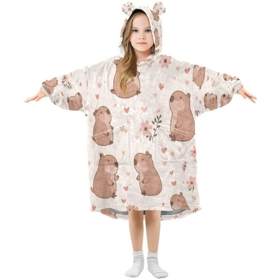 Wearable Blanket with Sleeves and Pocket Oversized Hooded Sweatshirt 3-14 YR Cute Capybaras S