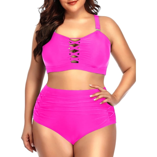 Daci Women Plus Size Two Piece Bikini Swimsuit High Waisted Tummy Control Bottom Bandeau Lace Up Bathing Suit