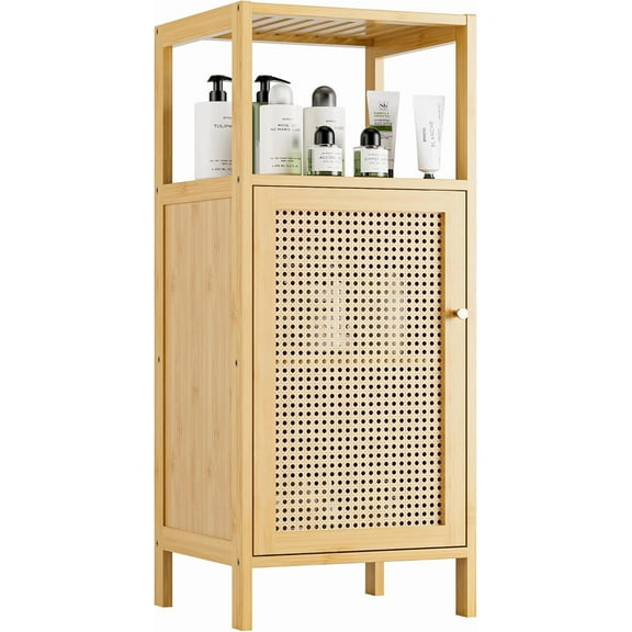 Bamboo Floor Cabinet, Bathroom Storage Organizer Rack with Single Rattan Door and 1 Shelf, Small Wooden Side Cupboard Stand for Entryway, Laundry, Kitchen, Living Room (Natural)