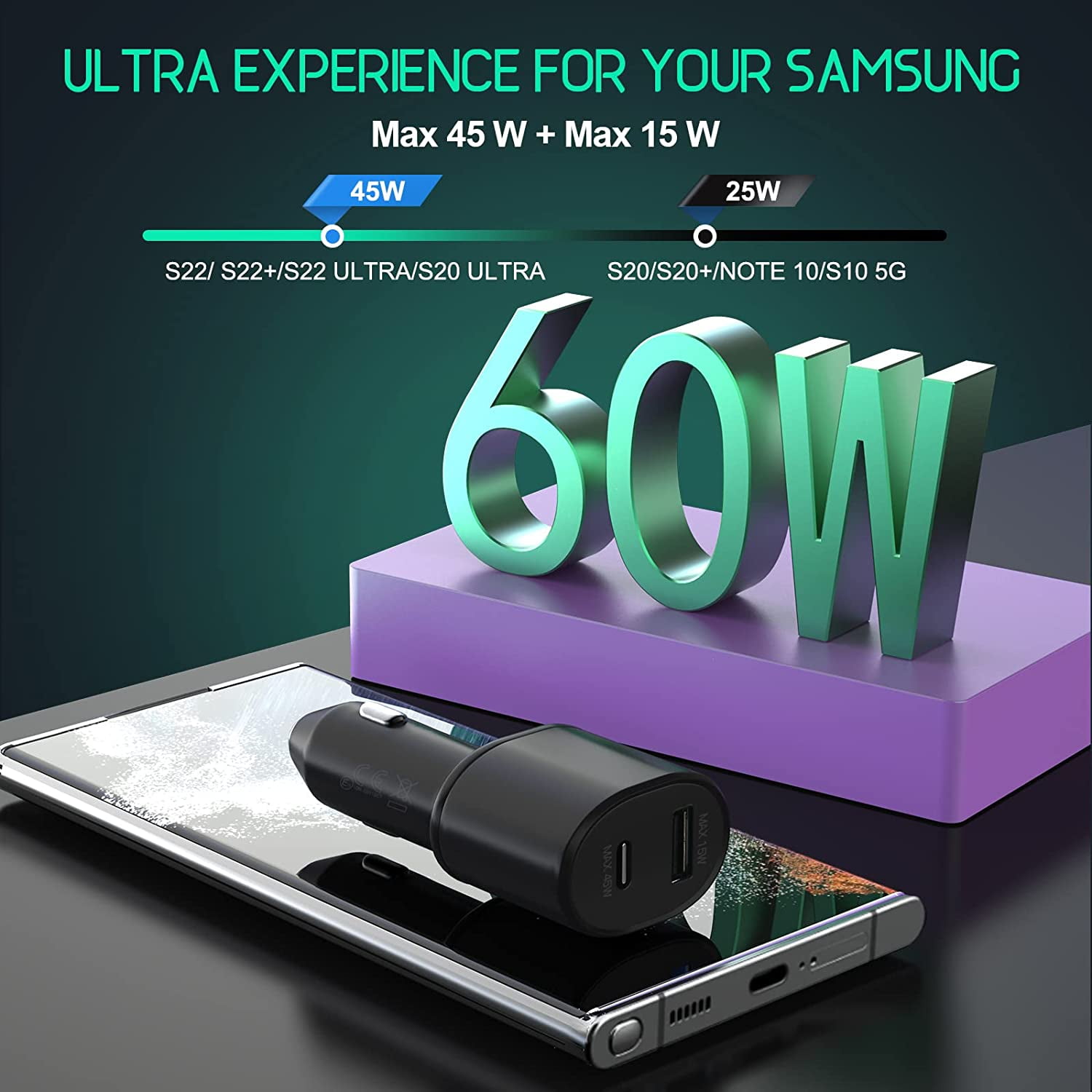 Super Fast Car Charger 60W for Pine64 Pinephone Super Fast Charging 2.0 Dual-Port (45W+15W) with USB C to C Cable PPS Car Charger - Black