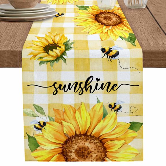 nqOlkjepod Sunflowers Table Runner 120 Inches Long Farmhouse Dress Scarves, Yellow Plaid Sunshine Vintage Country Bee Dining Tablerunner for Coffee Table/Kitchen Island/Party Décor, 13" x 120"