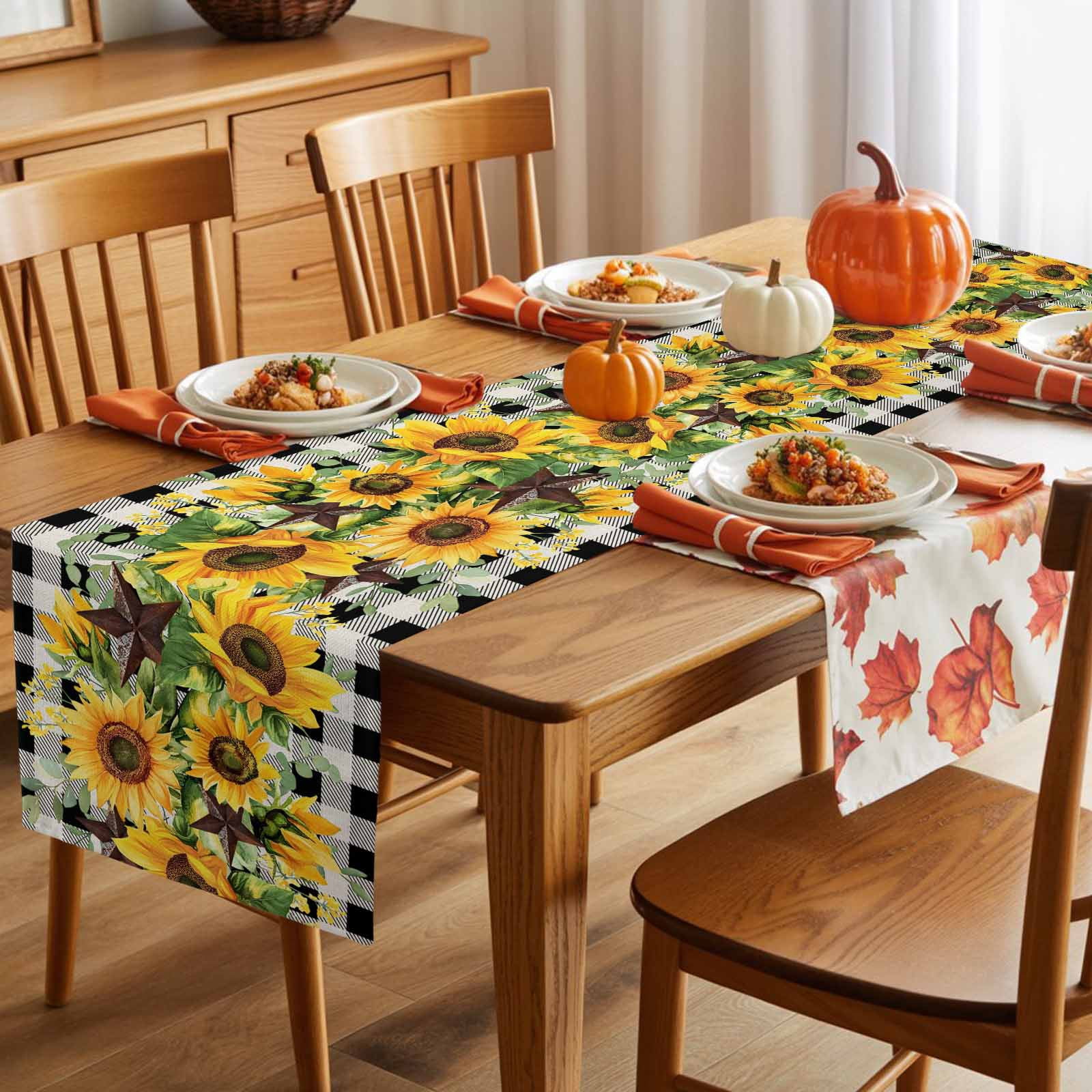 Texas Star Sunflower Cotton Linen Table Runner, Washable Table Runners for Kitchen, Dining Room, Holiday, Home Party Table Decor, 13x90 Inches