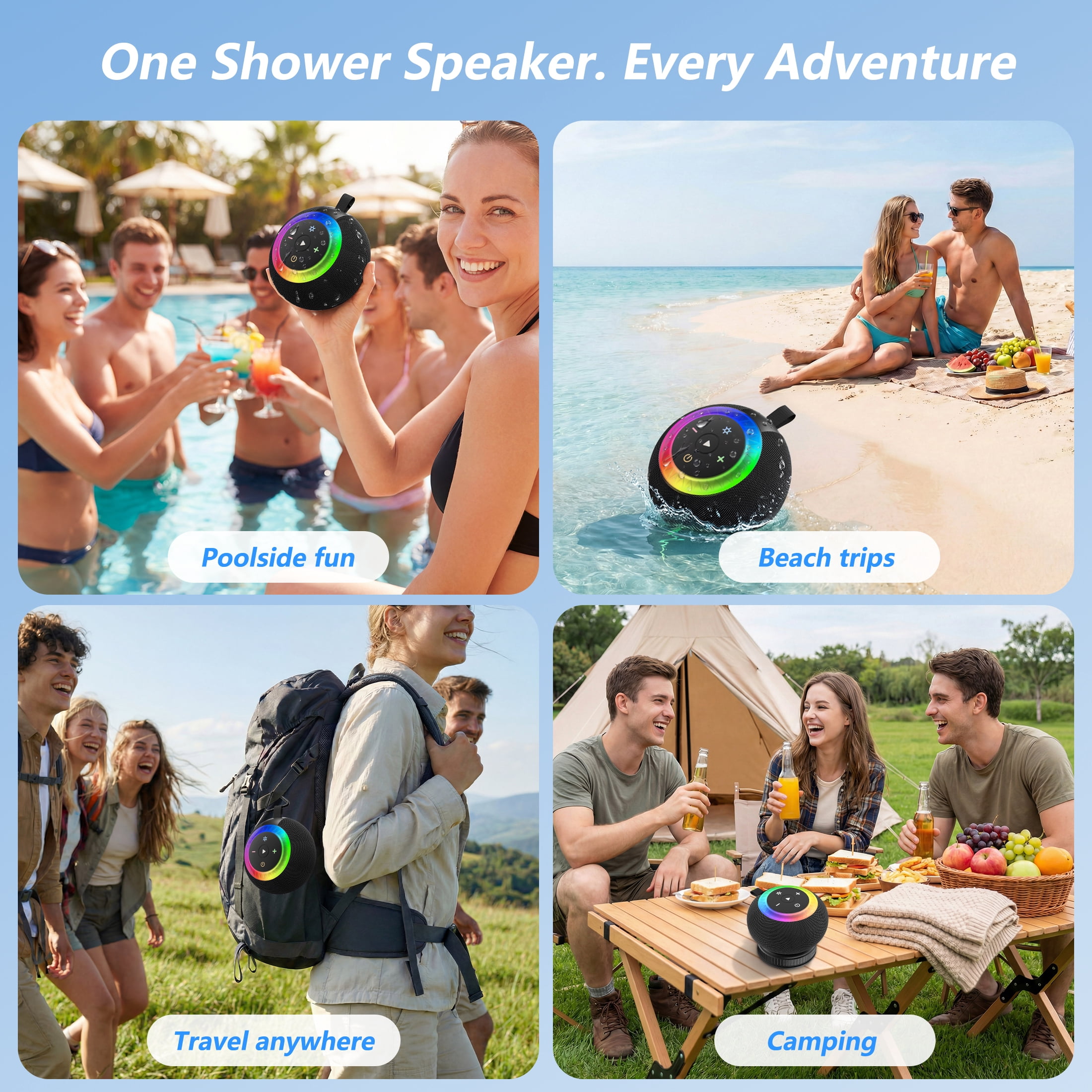 Portable Bluetooth Speaker, Waterproof Shower Speaker, IPX7 Removable Suction Cup with Vacuum Knob, 360° Surround Sound, RGB Lights, Outdoor Speaker Bluetooth for Pool, Beach, Kayak Essentials, Gifts