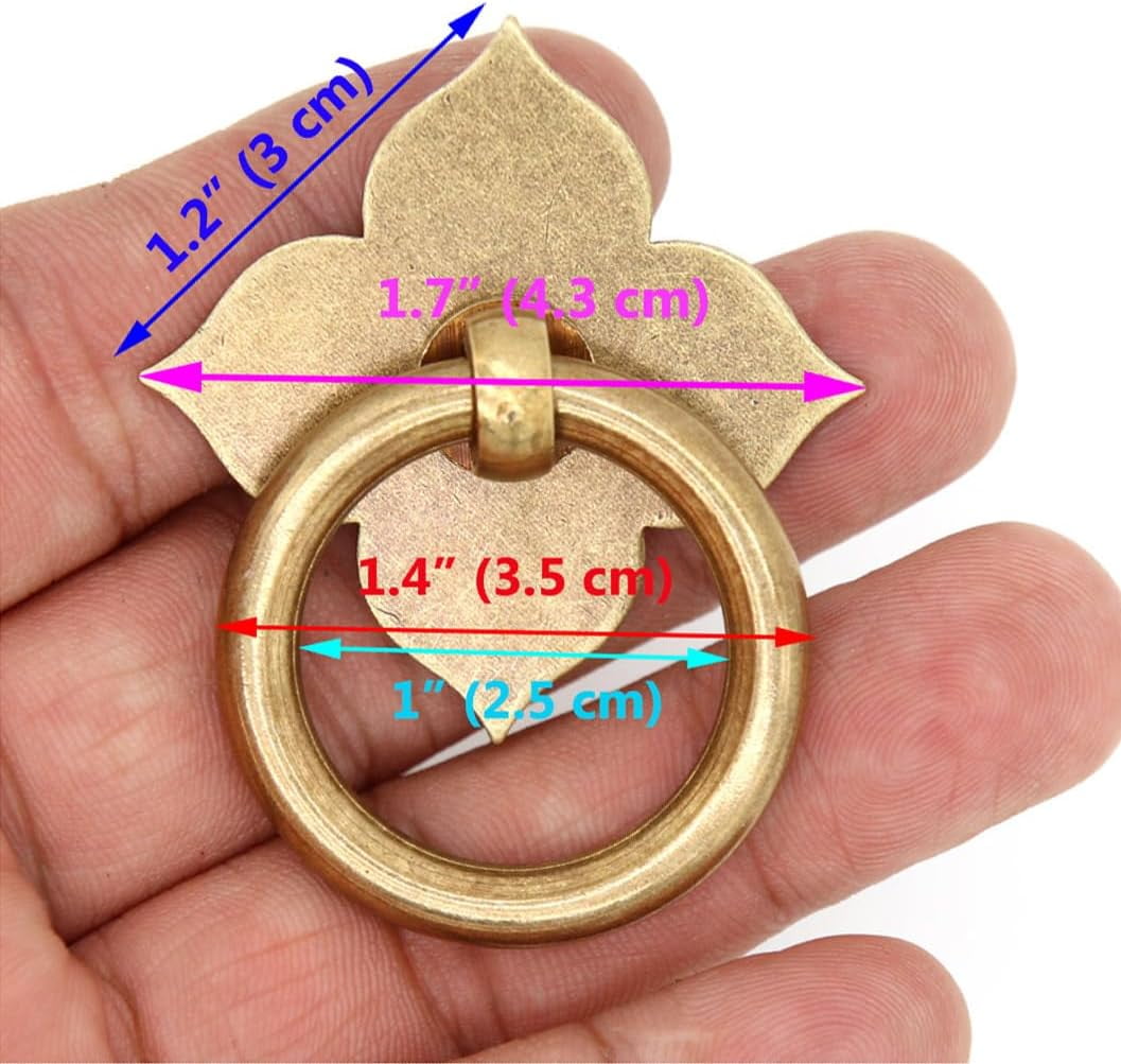 ABCISI 6 PCs Pure Copper Ring Pulls - Vintage Antique Brass Ring Pulls with Four-Leaf Clover Shaped Base - Pure Solid Brass Core - Ring Size 1.4" (3.5 cm)